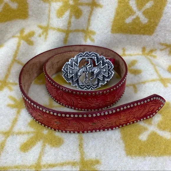 Native American Indian on horse red embossed studded leather belt & buckle. 34 Indian Belts for Men for sale - eBay main image 2